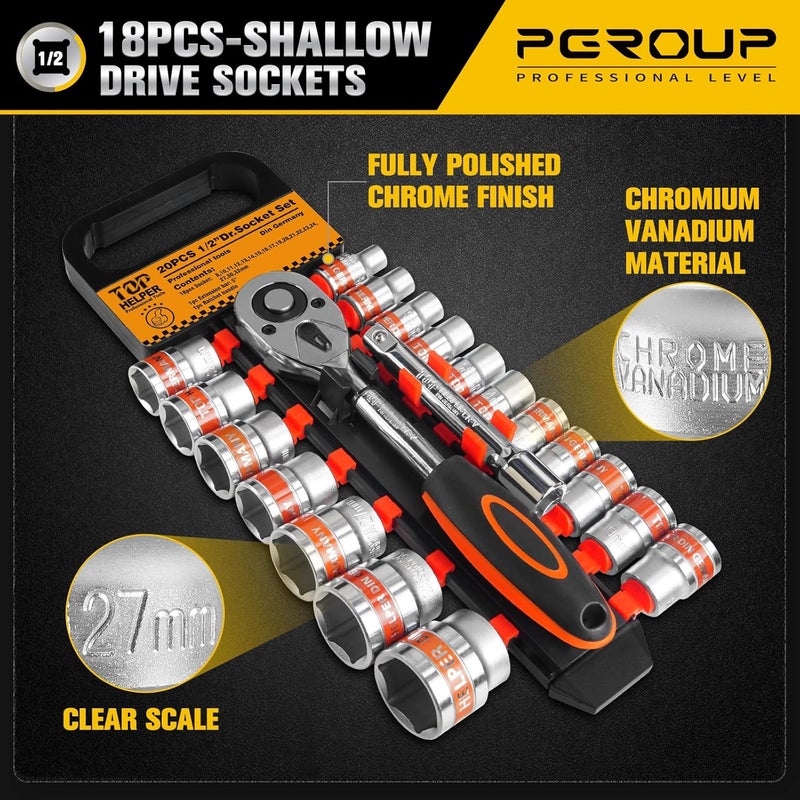 pgroup 20 PCS 1/2" Drive Metric Socket Wrench Set,1/2 Reversible Ratchet Handle，6 Point Shallow Sockets (8-32mm) and Extension Bar 5", CR-V Steel, Car Repair Set - Image 4